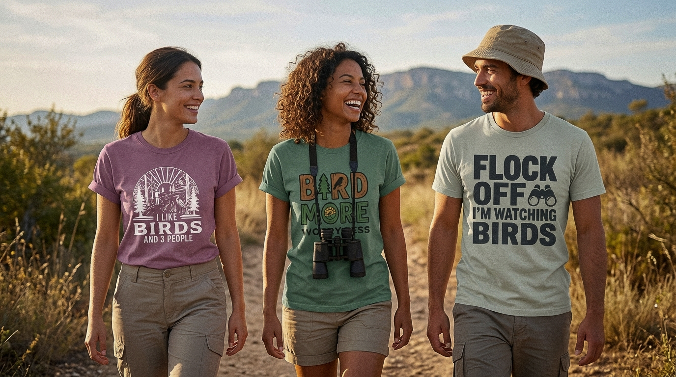Three friends walking a desert trail with binoculars, wearing Birdwatch Crew bird tees